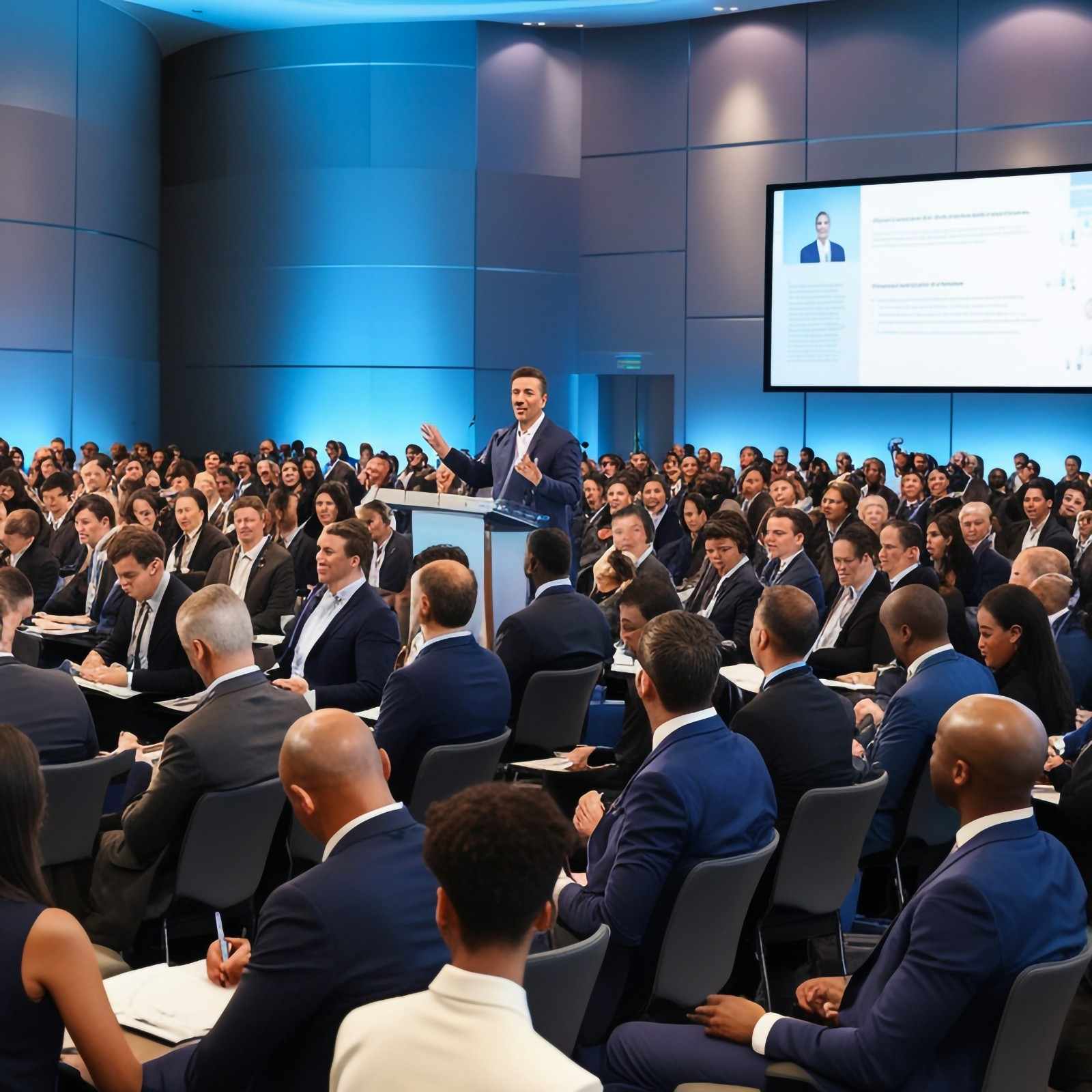 Presenter on a conference stage